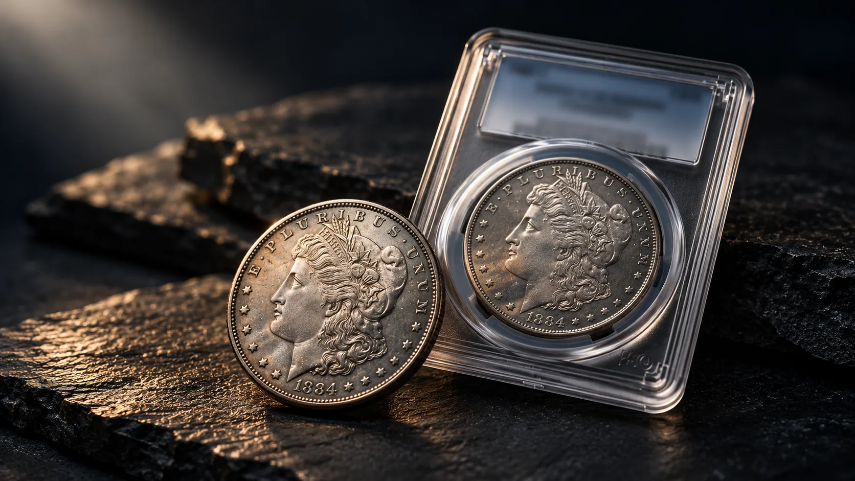 Editorial illustration of Morgan silver dollars and a certified-style holder on dark slate; not an eBay listing photograph