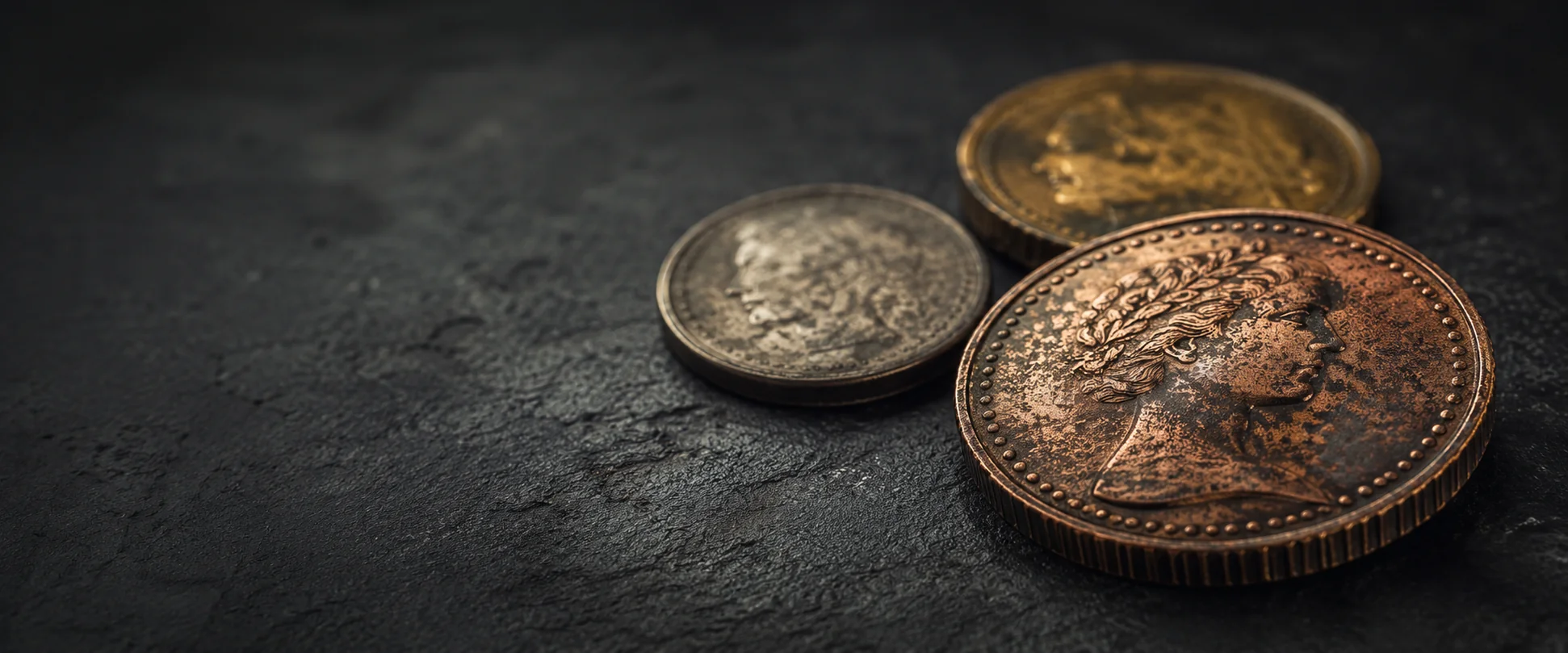 Editorial artwork of historic coins against a dark slate surface